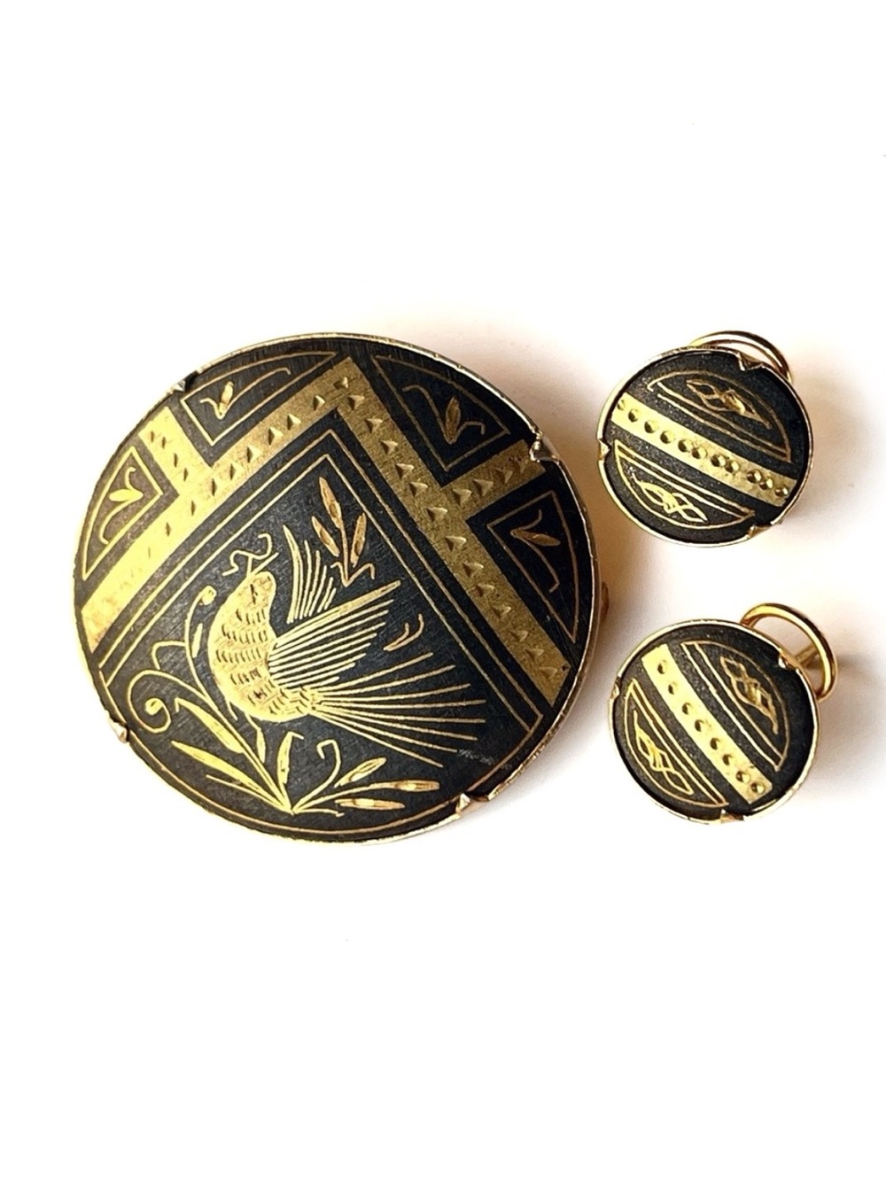 Vintage Damascene Bird of Peace Brooch Pierced Earring Set Trombone Clasp